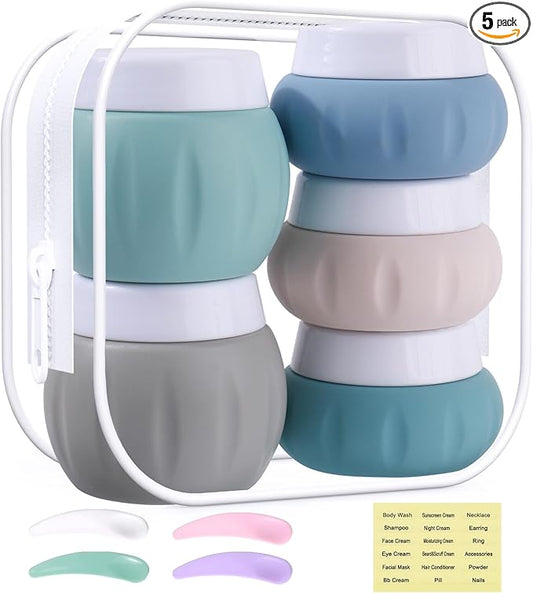 GLAMFIELDS TSA Approved 2Pcs 1.7oz+3Pcs 1oz Travel Size Silicone Jars BPA Free, Leak-proof Travel Essentials with Lid for Cosmetic Face Hand Body Cream Green (5Pack)