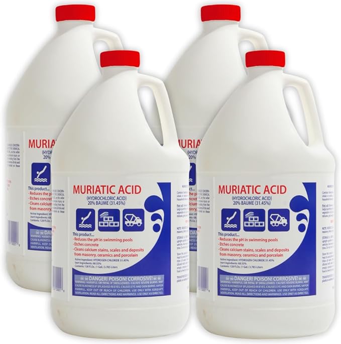 Muriatic Acid for Swimming Pools & Spas – Pack of 4 Gallons, Lowers pH, Muriatic Acid for Pools (HCL), pH Reducer for Water Balancing