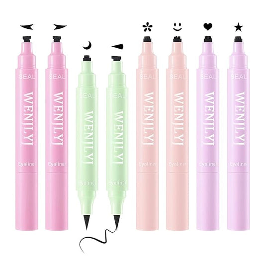 8PCS Black Liquid Eyeliner Stamps Set,Double-side Winged Eyeliner Stencil Pen,Waterproof Long Lasting Eye Liners Stamp Eyeliner Pencil Tattoo Makeup Tools with Heart,Flower,Star,Butterfly,Cone Shapes