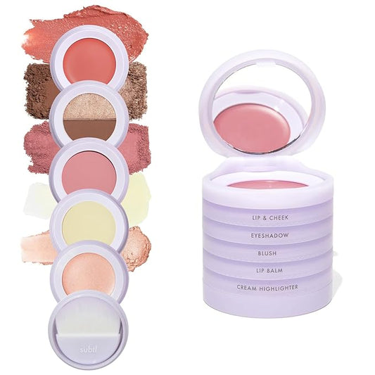 Subtl Staks 5-in-1 Travel Makeup kit by subtl beauty - eyeshadow duo, powder blush, cream highlighter, lip and cheek, lip balm - free travel mirror and brush - stackable makeup for travel