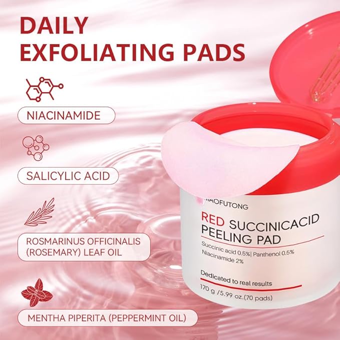 Facial Peeling Pads with Succinic Acid, Niacinamide, AHA, BHA, Panthenol for Breakout-Prone Skin, Red (70p, Succinic Acid)