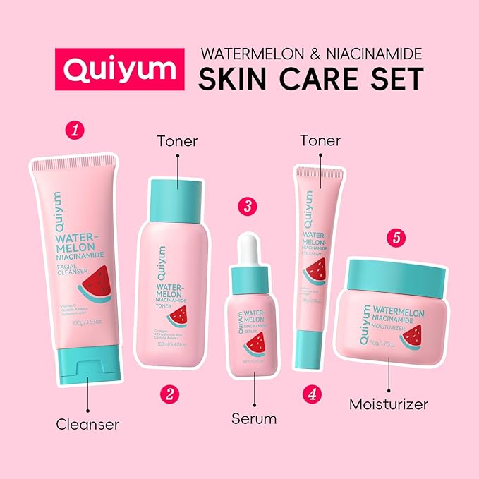 Watermelon Niacinamide Skin Care Set, Routine Beauty Skin Care for Teens- Gift Set with Cleanser, Toner, Eye Cream, Cream, Serum, Facial Glow Up Set for Women, Girls, Travel Sets, for All Skin Types