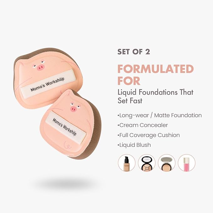 Sleepy Pig Puffs, Makeup Sponges Set, Dry&Wet Dual-Use Foundation Sponge - Hydrophilic Polyurethane, Expands 1.3x When Wet for Cream Foundation/Liquid Blush/Highlighter,2pcs Puffs & Storage Case