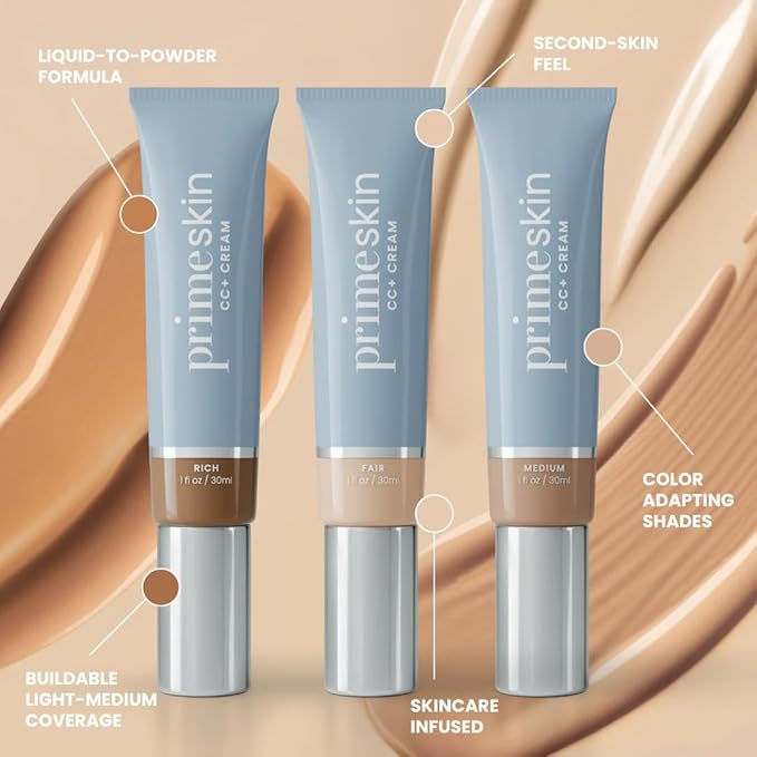 PrimeSkin CC+ Cream for Mature Women – Lightweight Liquid-to-Powder Foundation – Blurs Pores & Covers Age Spots – Crease-Free, Hydrating & Soft-Matte Finish for Sensitive Skin (Light)