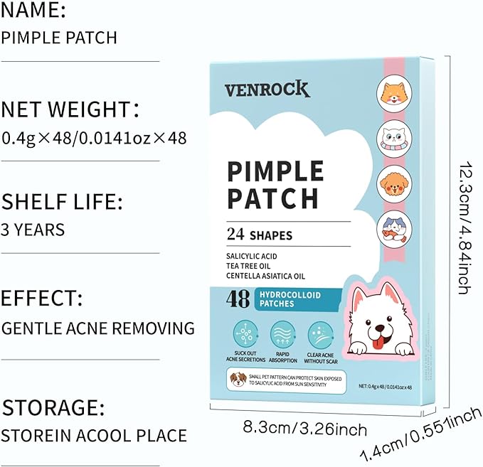 Venrock Pimple Patch, 48 Hydrocolloid Patches with Tea Tree Oil, 24 Cute Animal Shapes, Salicylic Acid Acne Treatment