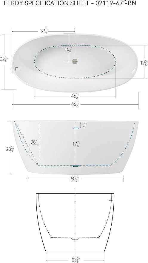FerdY Tahiti 67" Freestanding Bathtub Elegant Oval Shape, Glossy White Double Walled Insulation bathtub with Center Brushed Nickel Drain, UPC Certified -02119