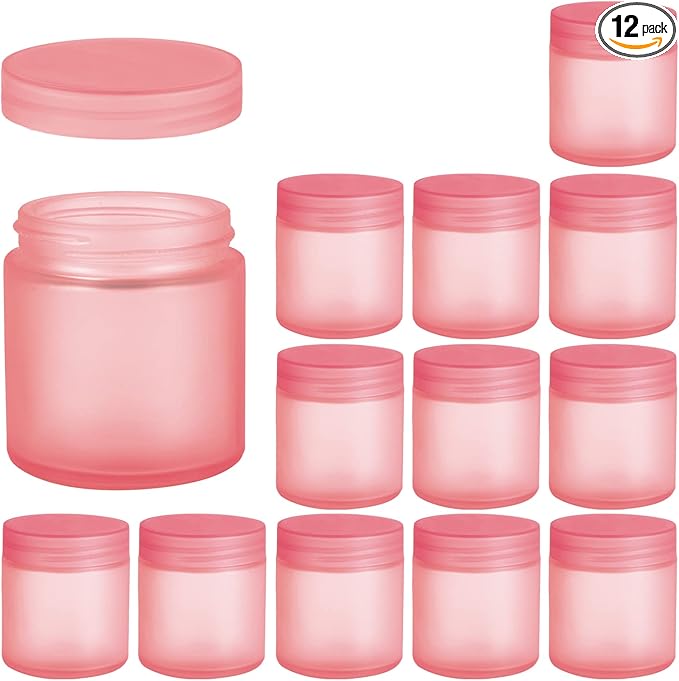 4OZ Glass Jars with Lids, Hoa Kinh Small Glass Jars, 12 Pack Empty Round Canning Storage Jars Containers for Storing Lotions, Powders, and Ointments (4oz-12Pack-Frosted Pink)