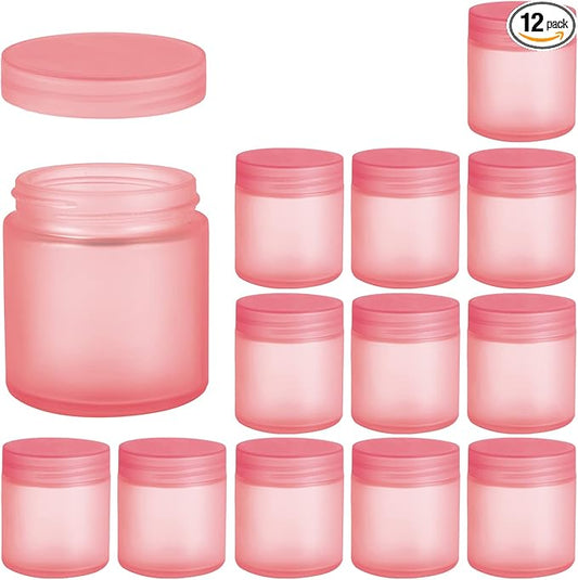4OZ Glass Jars with Lids, Hoa Kinh Small Glass Jars, 12 Pack Empty Round Canning Storage Jars Containers for Storing Lotions, Powders, and Ointments (4oz-12Pack-Frosted Pink)