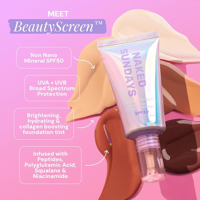 Naked Sundays BeautyScreen™ SPF 50 Mineral Peptide Foundation Tint – 2-in-1 Skin Tint & Mineral Sunscreen | Radiant, Buildable Coverage, Acne-Safe, Infused with Peptides (7 Tan Toffee, 1.01 oz)