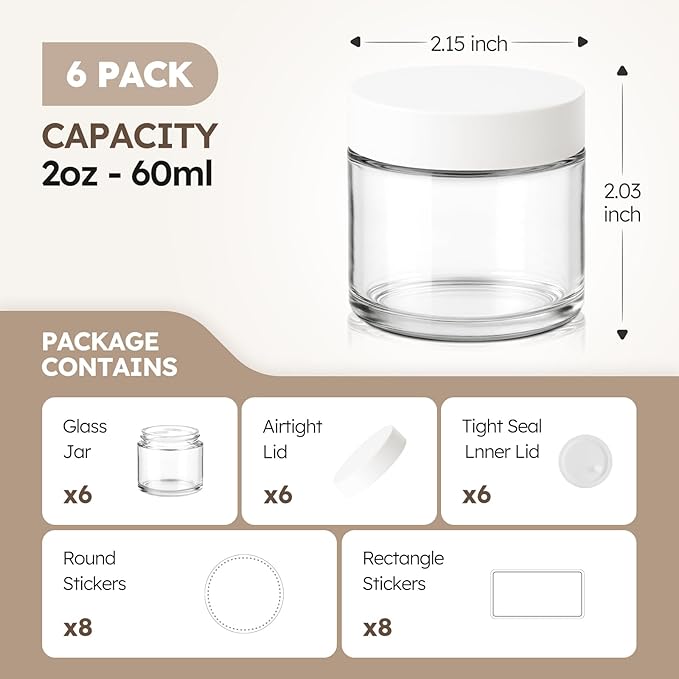2 oz Glass Jars with Lids, 6 Pack Clear Small Glass Jars with White Lids Leakproof Round Airtight Empty Cosmetic Travel Containers with Inner Liners For Lotions Powders and Candle Making