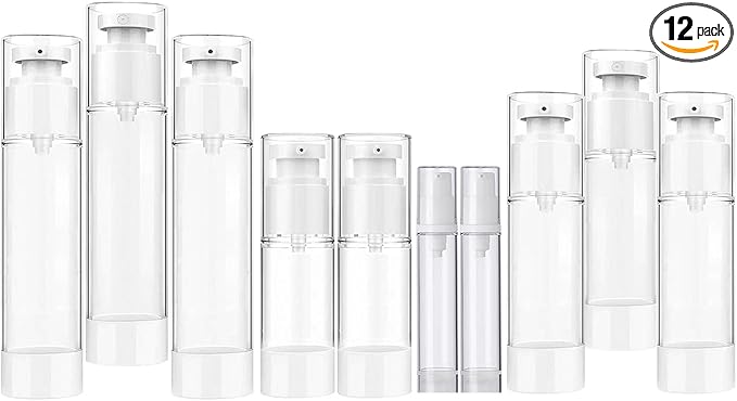 12 Pack 1.7oz/50ML Airless Pump Bottles, 0.5/1 oz 15ml 30ml Clear Refillable Cosmetics Container Spray & Lotion Vacuum Pump Bottle for Cream Lotion, Eye Cream, Liquid, Foundation, Shampoo