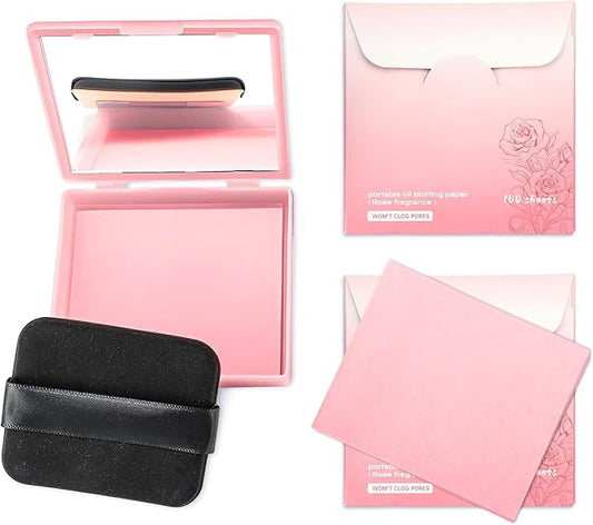 Erinde Oil Blotting Sheets for Face with Mirror and Puff, 300 Sheets Oil Blotting Paper for Oily Skin, Face Oil Absorbing Sheet, Natural Oil Control Film, Absorb Excess Oil, Makeup Friendly