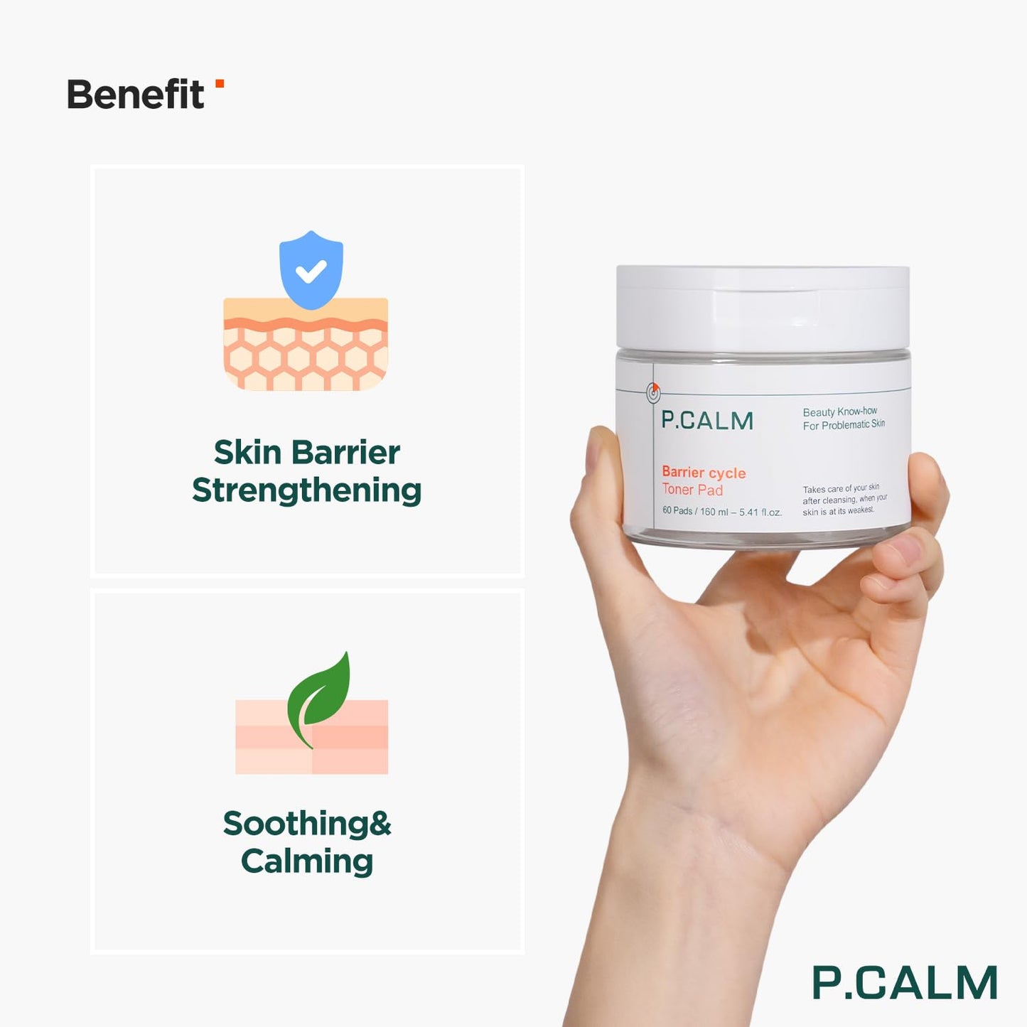 P.CALM Barrier Cycle Toner Pad – 60 Pads with Centella Asiatica & Papaya Extract for Soothing, Moisturizing & Exfoliating, Korean Vegan Facial Toners Pads for Sensitive Skin (160ml / 5.41 fl.oz)