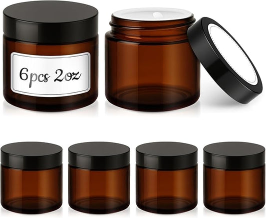 2 oz Glass Jars with Lids, 6 Pack Amber Glass Jars with Black Lids Leakproof Round Airtight Empty Cosmetic Travel Containers with Inner Liners For Lotions Powders and Candle Making