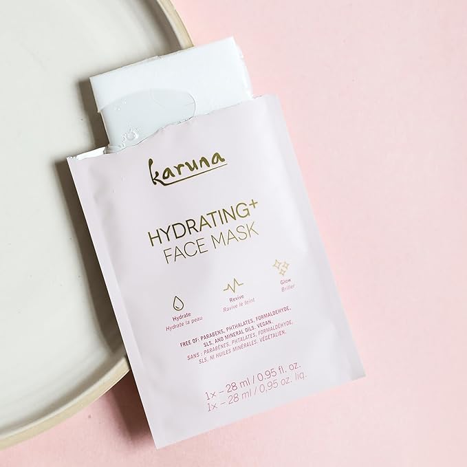 Karuna Hydrating+ Sheet Masks for Well-Moisturized & Hydrated Skin, Glow-Enhancing Face Masks Skin Care Products, Hydrating Facial Masks with Natto, Niacinamide & Sodium Lactate, 4 Sheets