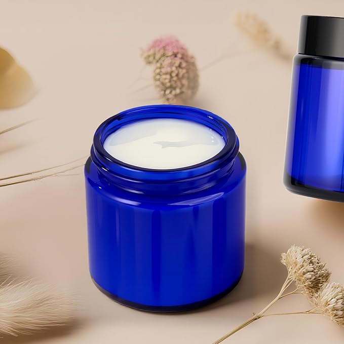 4oz Jars with Lids, Hoa Kinh 12 Pack Blue Glass Jars with Lids Empty Cosmetic Containers Round Airtight Glass Jar with Inner Liners and black Lid for Storing Lotions, Powders, and Ointments