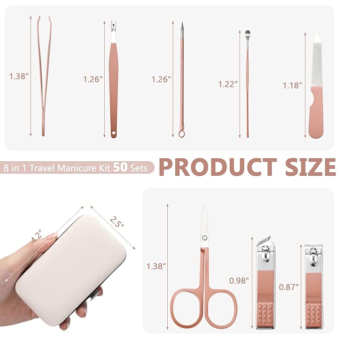 Geosar 50 Set Travel Manicure Kit Nail Clippers Pedicure Professional Nail Care Tools Stainless Steel Grooming Set with Portable Travel Case Gifts for Mother Father(8 In1,Rose Gold)