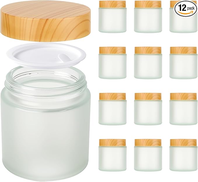 4oz Jars with Lids, Hoa Kinh 12 Pack Frosted Glass Jars with Lids Empty Cosmetic Containers Round Airtight Glass Jar with Inner Liners and Woodgrain Lid for Storing Lotions, Powders, and Ointments