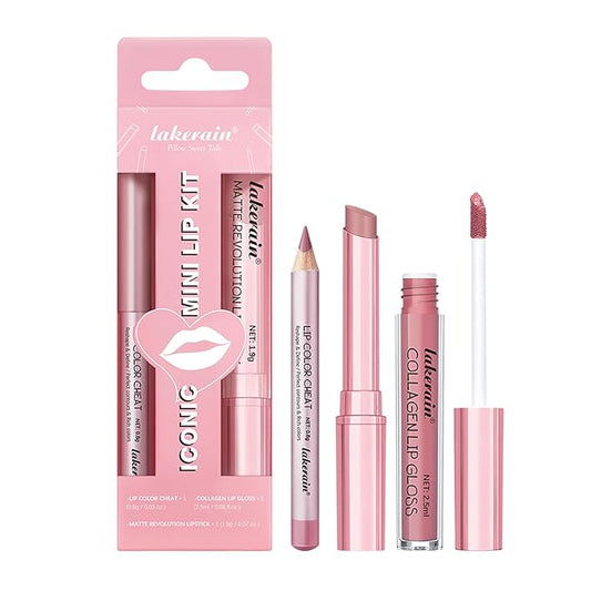 3PCS Lip Liner and Lipstick Combo Set - Matte Lip Liner Pencil, Velvet Matte Lipstick & Hydrating Collagen Lip Gloss - Long-Lasting, Smudge-Proof, High Pigment Nude Pink Lip Makeup Kit (Set 1, 3)