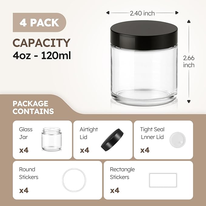 4 oz Glass Jars with Lids, 4 Pack Clear Small Glass Jars with Black Lids Leakproof Round Airtight Empty Cosmetic Travel Containers with Inner Liners For Lotions Powders and Candle Making