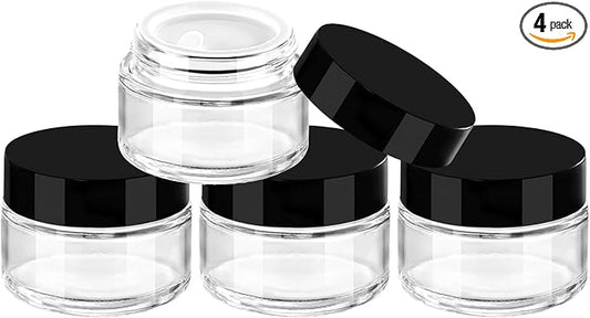 TUZAZO 1oz Glass Jars with Black Lids, 4 Pack Small Glass Jars with Inner Liners & Stickers Refillable Empty Cosmetic Containers for Creams, Lotions, Body Butters, Powders