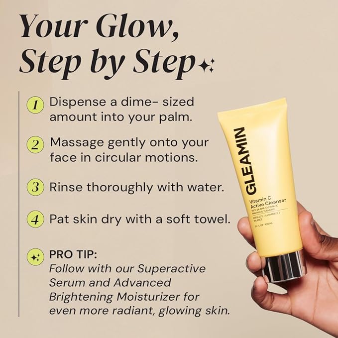 Gleamin Vitamin C Face Wash & Facial Cleanser - Cream to Foam 2% Salicylic Acid Cleanser with Paw Paw & Turmeric - Gentle Exfoliating Facewash for Women & Men, Oily & Combination Skin, 3.4 fl oz