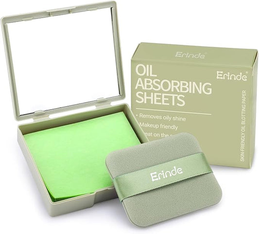 Erinde Oil Blotting Sheets for Face with Mirror and Puff, 100 Sheets Oil Blotting Paper for Oily Skin, Face Oil Absorbing Sheet, Natural Oil Control Film, Absorb Excess Oil, Makeup Friendly