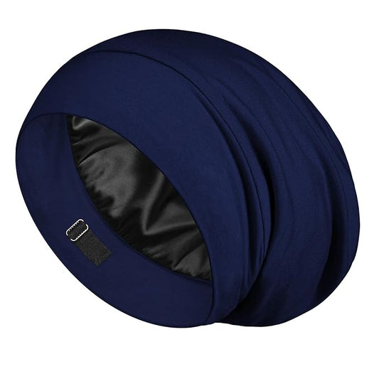 LULUSILK Mulberry Silk Lined Sleep Cap, No More Frizzy Tangled Hair, Stay On All Night Adjustable Silk Hair Wrap for Sleeping, Navy Blue, Pack of 1