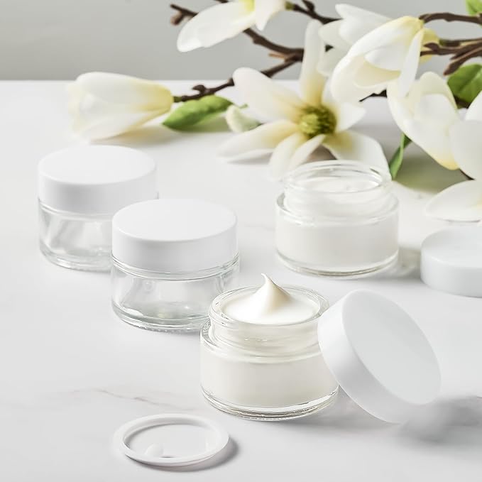 TUZAZO 1oz Glass Jars with White Lids, 4 Pack Small Glass Jars with Inner Liners & Stickers Refillable Empty Cosmetic Containers for Creams, Lotions, Body Butters, Powders