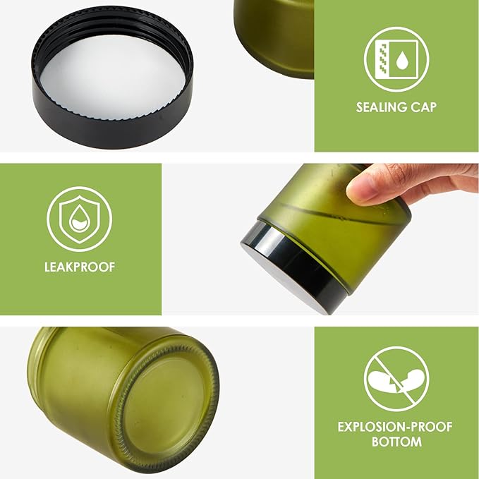4oz Glass Jars with Lids, HOA Kinh 12 Pack Green Frosted Glass Jars with Lid Empty Cosmetic Containers Round Airtight Glass Jar with Black Lids for Storing Lotions, Powders, and Ointments