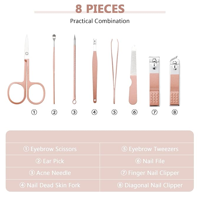 Lasnten 24 Set Manicure Set Bulk Nail Clippers Grooming Nail Kit Stainless Steel Professional Pedicure Kit Pedicure Tools with Travel Case Gifts for Men Women Personal(8 in 1,Pink, Rose Gold)