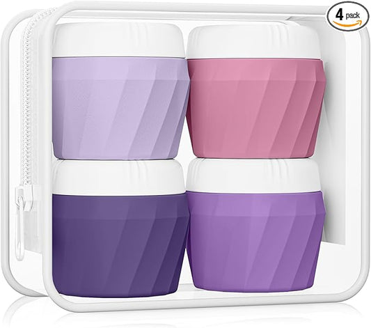Travel Containers for Toiletries, Premium Silicone Cosmetic Cream Jars, TSA Approved Leak-Proof Refillable Travel Size Toiletries with Clear Bag for Cosmetic Face Body Cream (Purple, 1OZ)