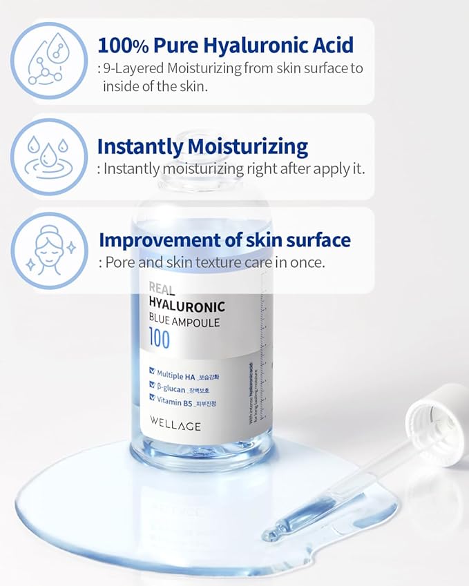 WELLAGE Real Hyaluronic Blue Ampoule 100, Korean Skincare, Fragrance Free Hyaluronic Acid Serum with Panthenol, Wild yam, Centella for Sensitive Dry Skin Moisturizer 1.01 fl.oz