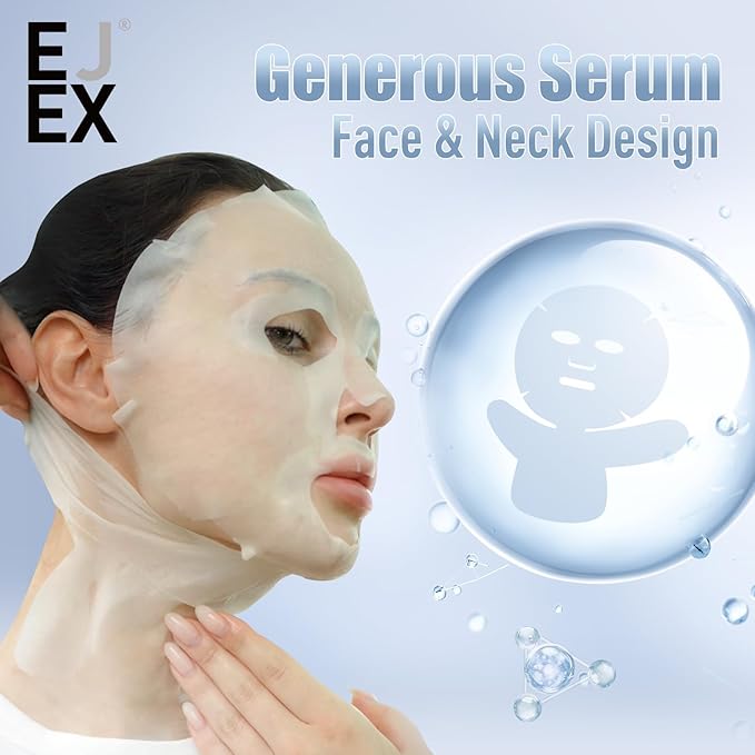 EJEX Face and Neck Sheet Mask,Hydrating Face Masks Skincare, Bio-Based Collagen Mask for Sensitive Skin,Chemical Free,Redness Reducing&Soothing&Repairing Facial Mask for Skin Care,38gx5ea