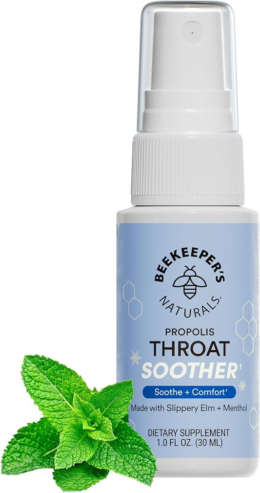 Propolis Throat Soother by Beekeeper's Naturals – Maximum Throat Relief w/ Menthol, Slippery Elm, Bee Propolis Extract – Fast-acting & Cooling Comfort (1.0 oz)(Pack of 1)