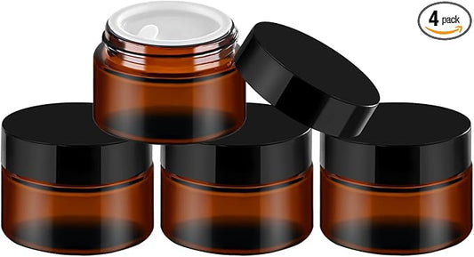 TUZAZO 1oz Glass Jars with Lids, 4 Pack Small Amber Glass Jars with Inner Liners & Stickers Refillable Empty Cosmetic Containers for Creams, Lotions, Body Butters, Powders