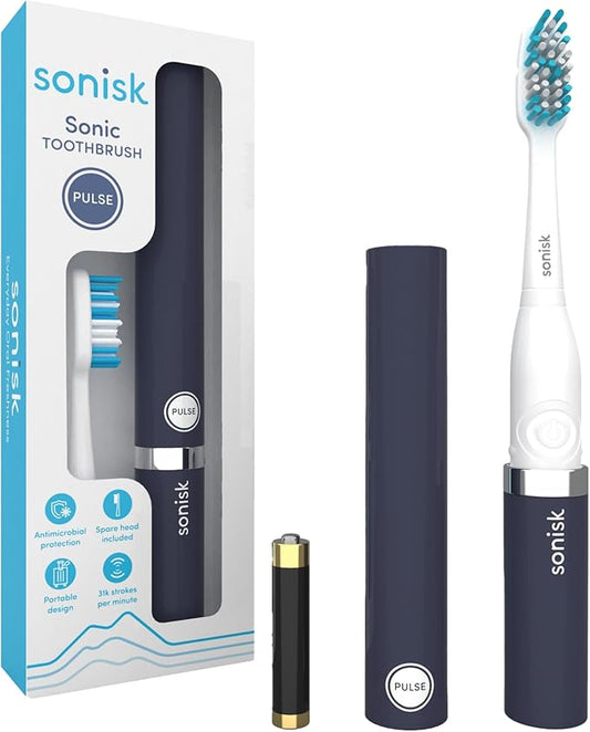 Sonisk Pulse | Battery Powered Electric Toothbrush | Sonic Technology | 1x Battery, 2X Brush Heads, 1x Travel Case Included | 31,000 Strokes Per Minute | Portable Size | Matte Black