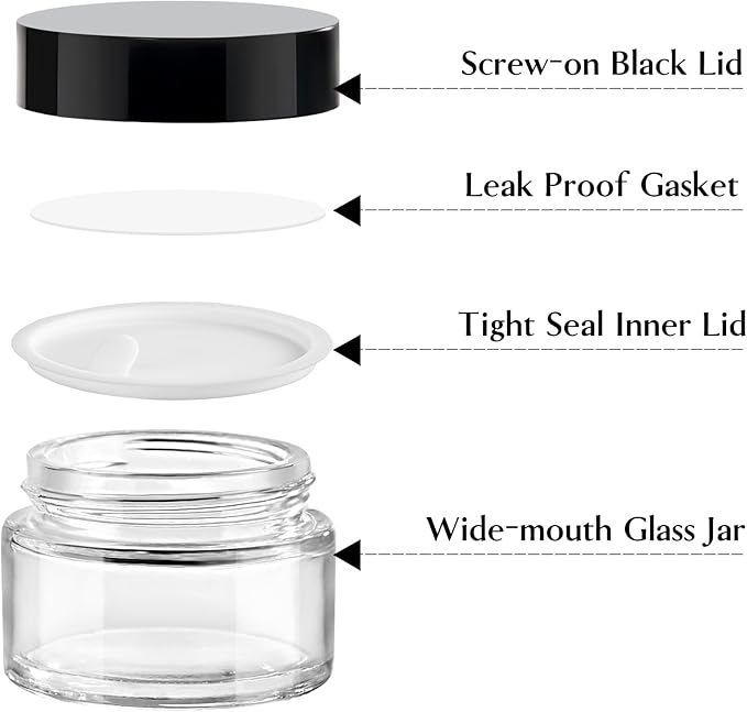 TUZAZO 1oz Glass Jars with Black Lids, 4 Pack Small Glass Jars with Inner Liners & Stickers Refillable Empty Cosmetic Containers for Creams, Lotions, Body Butters, Powders