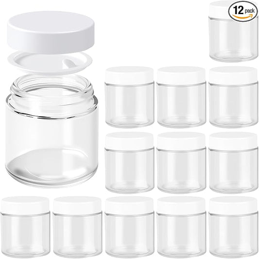 4oz Jars with Lids, Hoa Kinh 12 Pack Clear Glass Jars with Lids Empty Cosmetic Containers Round Airtight Glass Jar with Inner Liners and White Lid for Storing Lotions, Powders, and Ointments