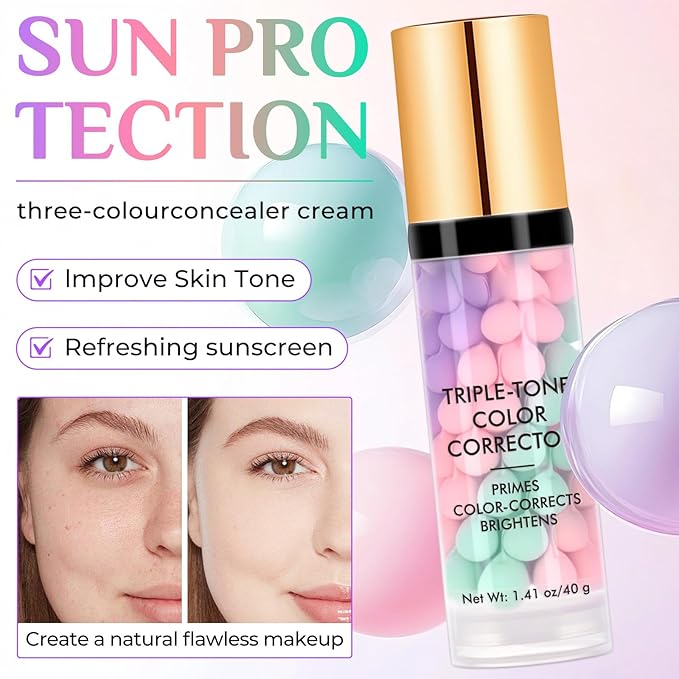 Primer for Face, 3 In 1 Face Primer Before Makeup, Moisturizes-Sunscreen Cream SPF50+ Triple-Tone Color Corrector for Isolation, Smoothing Skin Gripping