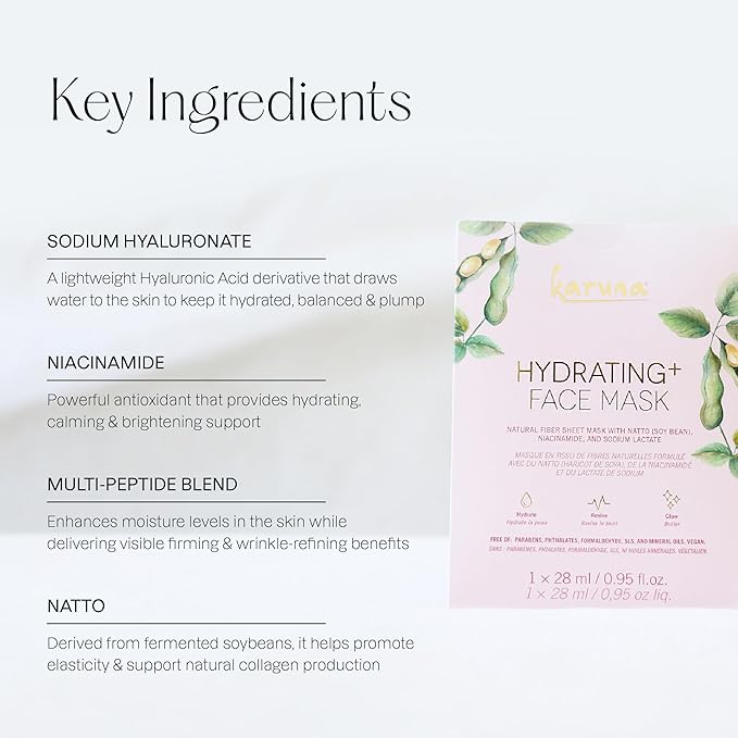 Karuna Hydrating+ Sheet Masks for Well-Moisturized & Hydrated Skin, Glow-Enhancing Face Masks Skin Care Products, Hydrating Facial Masks with Natto, Niacinamide & Sodium Lactate, 4 Sheets