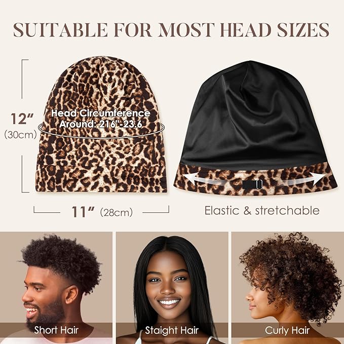 LULUSILK 100% Mulberry Silk Bonnet for Sleeping, No More Frizzy Tangled Hair, Stay On All Night Adjustable Silk Night Cap for Sleeping, Brown Leopard, Pack of 1