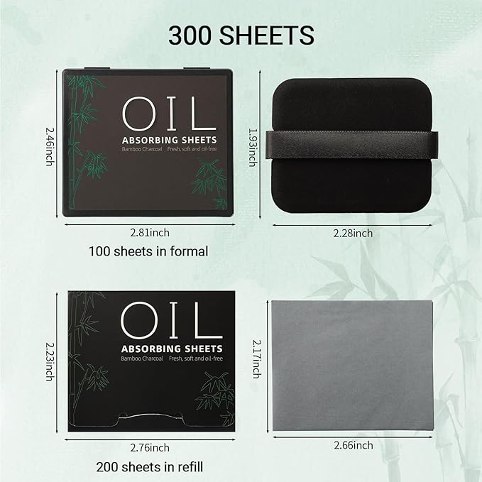 Erinde Oil Blotting Sheets for Face with Mirror and Puff, 300 Sheets Oil Blotting Paper for Oily Skin, Face Oil Absorbing Sheet, Natural Oil Control Film, Absorb Excess Oil, Bamboo Charcoal