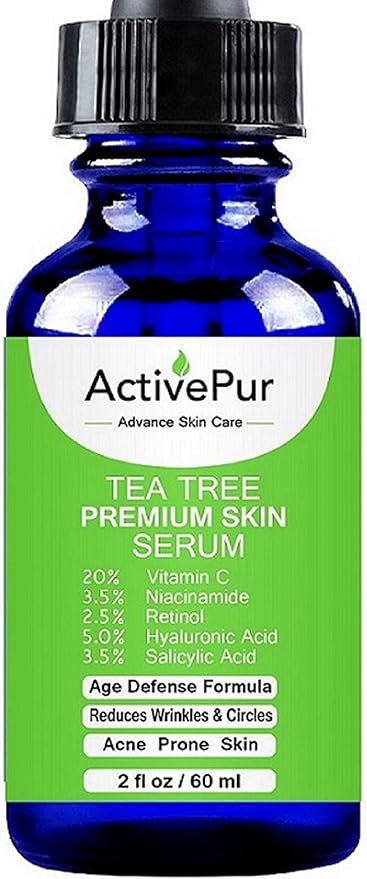 Premium TEA TREE SERUM (Big Size 2 Oz/60 ml) Oil for Acne, 20% Vitamin C & B3 MSM Hyaluronic Acid Retinol Salicylic Acid Niacinamide Acne Scar Treatment Anti Aging Wrinkle Dark Spots Blemishes Pimple