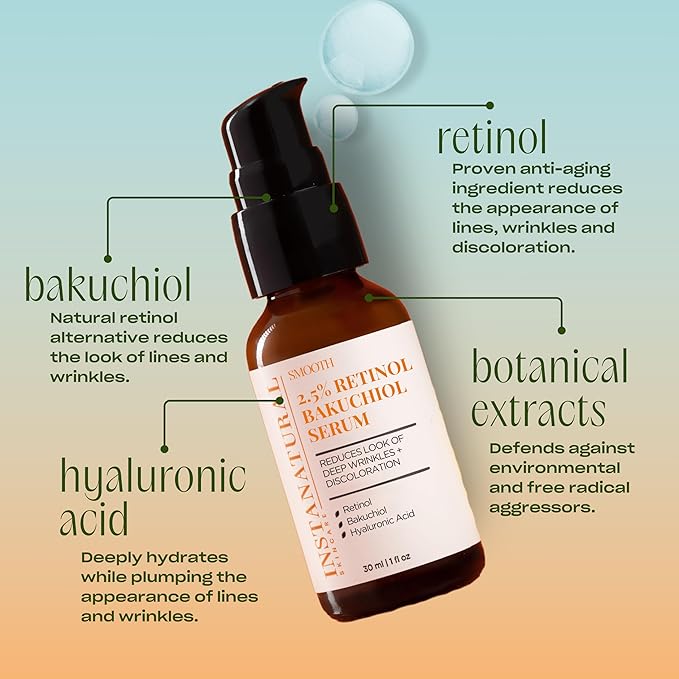InstaNatural Retinol Serum for Face with 2.5% Retinol, Bakuchiol, Hyaluronic Acid & Squalane | Smoothing Serum for Even-Toned, Youthful-Looking Skin – 1 Fl Oz