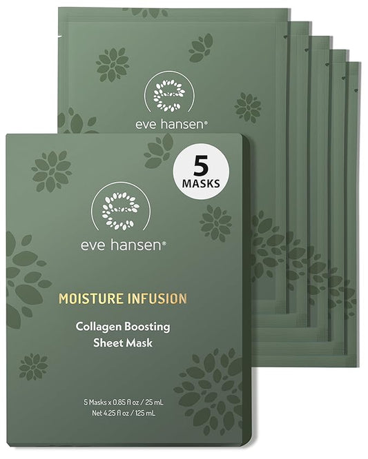 Eve Hansen Collagen Face Mask Sheets Set of 5 – Hydrating & Nourishing Care for All Skin Types – With Hyaluronic Acid, Tangerine Peel, Blueberry Extract & Spinach Leaf