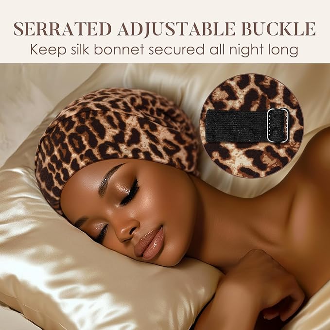 LULUSILK 100% Mulberry Silk Bonnet for Sleeping, No More Frizzy Tangled Hair, Stay On All Night Adjustable Silk Night Cap for Sleeping, Brown Leopard, Pack of 1