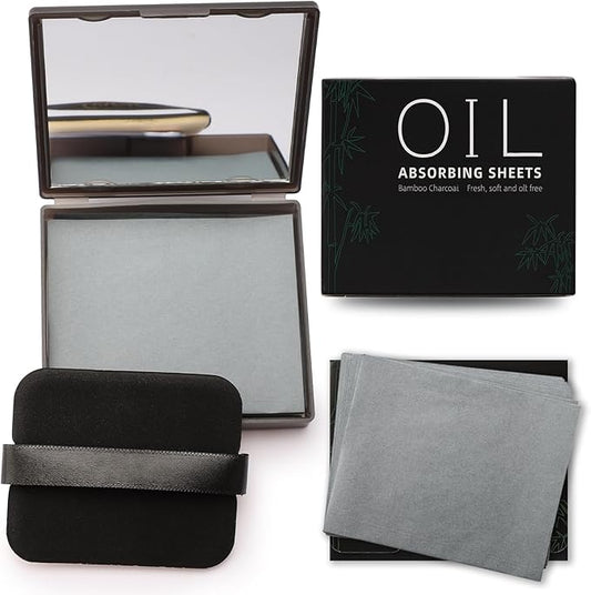 Erinde Oil Blotting Sheets for Face with Mirror and Puff, 300 Sheets Oil Blotting Paper for Oily Skin, Face Oil Absorbing Sheet, Natural Oil Control Film, Absorb Excess Oil, Bamboo Charcoal