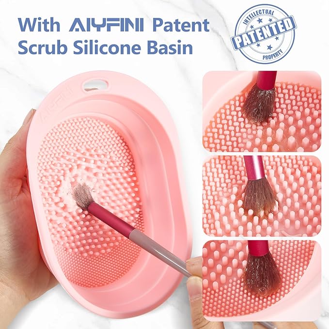 Alyfini Makeup Brush Cleaner Solution + Scrub Basin Combo, Removes Tough Stain on Make Up Brushes Set/Sponge/Puffs, Deep Clean Inner Bristles from Waterproof Foundation/Concealer, 10.2 Fl Oz/300 ml