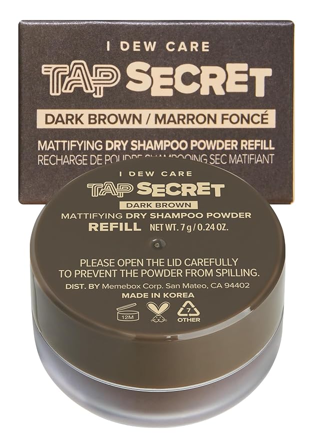 I DEW CARE Tap Secret Dry Shampoo Powder with Biotin - Tap Secret Dark Brown Refill | Strengthening & Volumizing, Powder Type, Refillable, Travel size, Non-aerosol, Brunette, 0.24 Oz